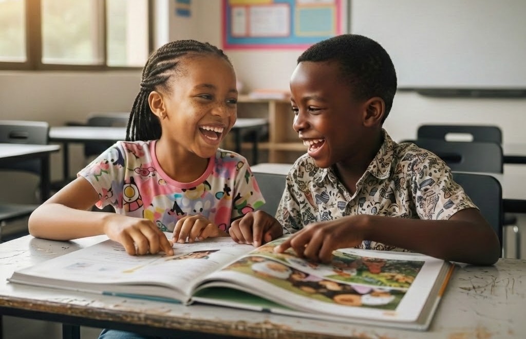 Two children smiling while reading a book